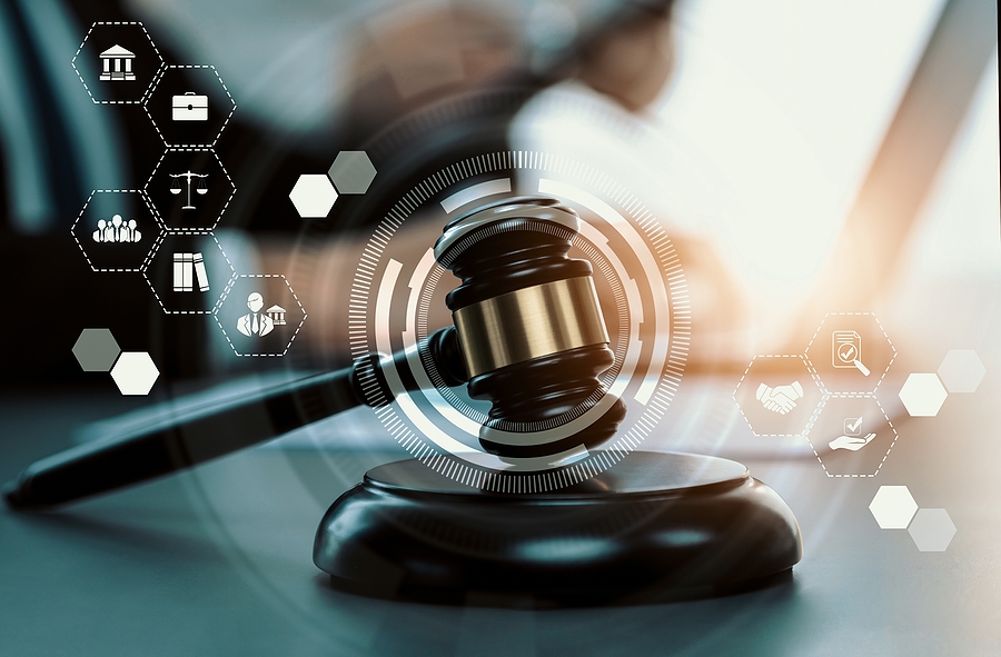 Lawyer using digital tools and legal icons to improve AI search visibility and online authority for law firms.